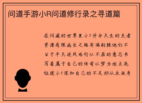 问道手游小R问道修行录之寻道篇